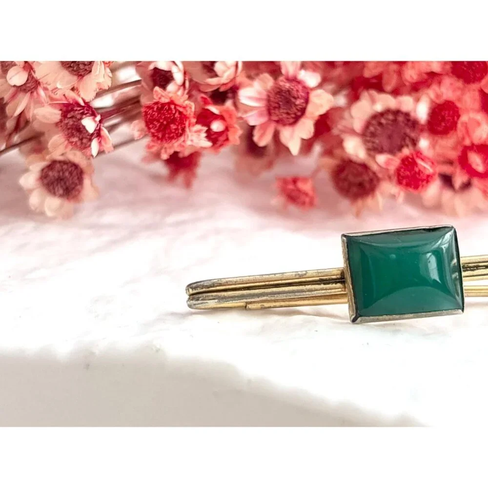 Swank Signed Faux Green Stone Gold Toned Vintage Men's Tie Bar | Tie Clip